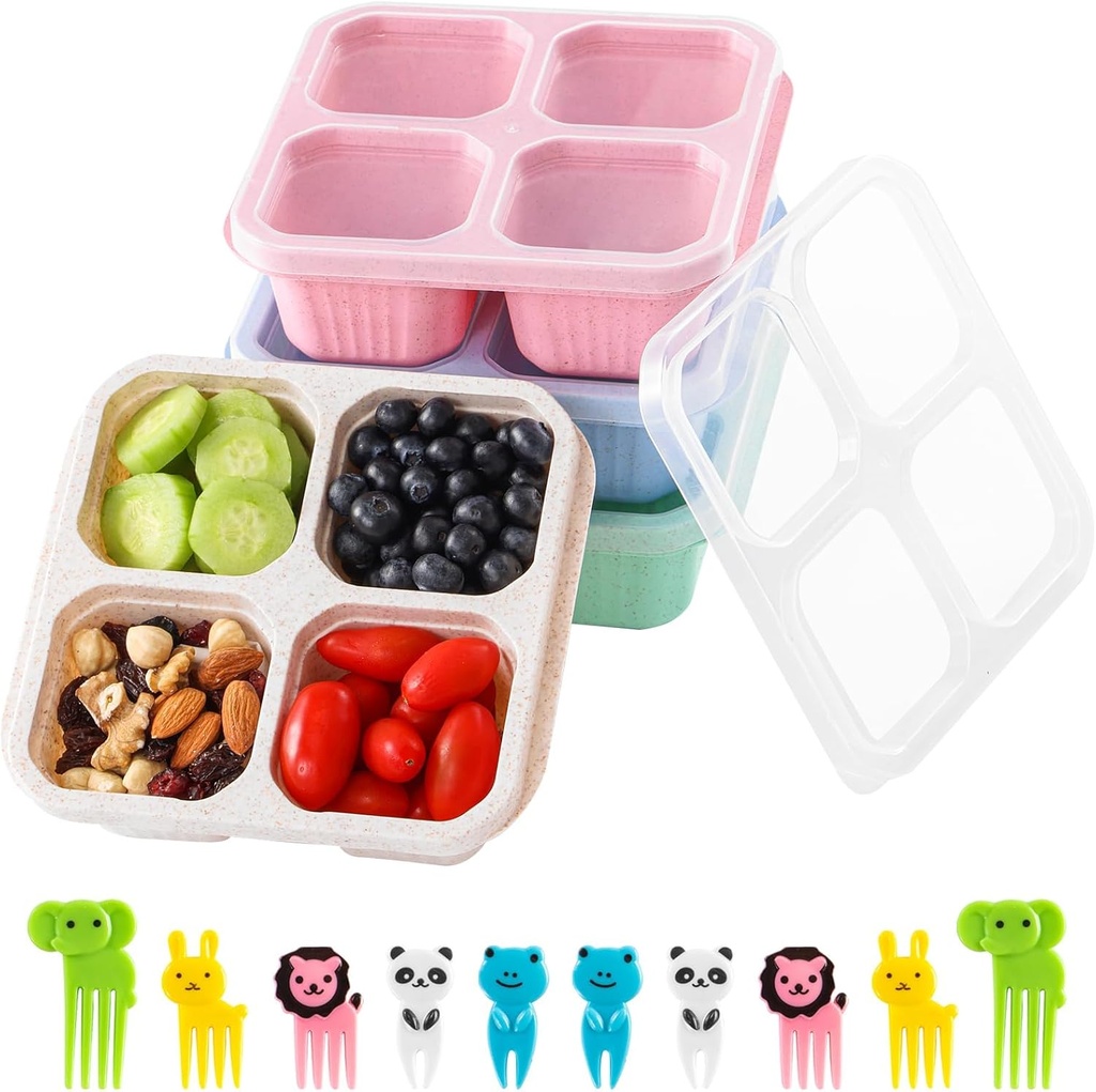 mzvcopm 4 Pack Snack Containers, Divided Bento Lunch Box with Transparent Lids, Reusable Meal Prep Lunch Containers for Kids and Adults, No BPA, 4 Compartment Food Storage Containers
