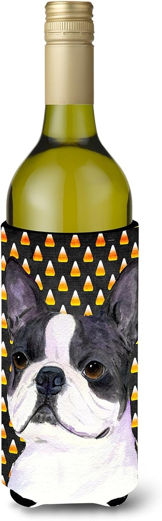 Caroline's Treasures SS4309LITERK Boston Terrier Candy Corn Halloween Portrait Wine Bottle Hugger Bottle Cooler Sleeve Hugger Machine Washable Collapsible Insulator Beverage Insulated Holder