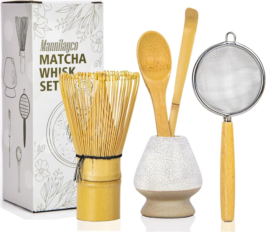 Matcha Whisk Set 5pcs – Bamboo Chasen with Holder, Chashaku Scoop, Spoon, Fine Mesh Sifter – Traditional Japanese Tea Tools for Tea Ceremony, Matcha Making Kit for Tea Lovers