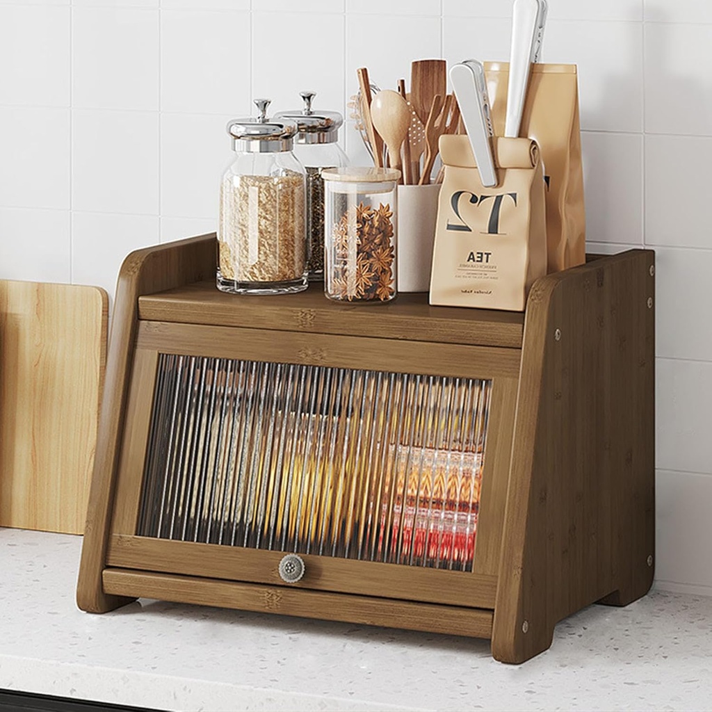 Bread Box for Kitchen Counter,Double Layer Bamboo Wood Bread Box,Bread Storage Bin with Acrylic Wavy Door Panel,Bread Storage Container for Cabinet Bedroom Bathroom(15.75 * 12.2 * 11.02in, B)