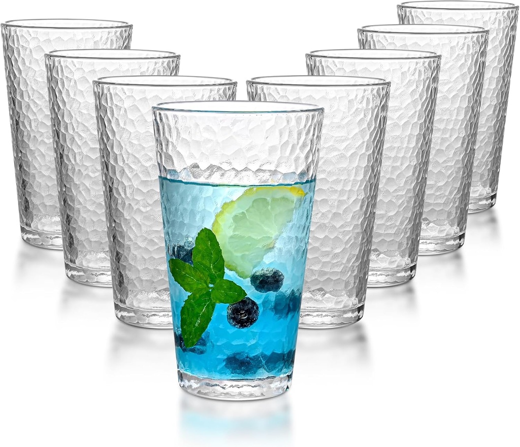 Drinking Glasses Set of 8,16oz Clear Highball Water Glasses,Stackable Lead-Free Glass Cups,Kitchen Drinkware Glassware for Cocktail,Beer,Juice,Iced Tea,Margaritas and Mixed Drinks