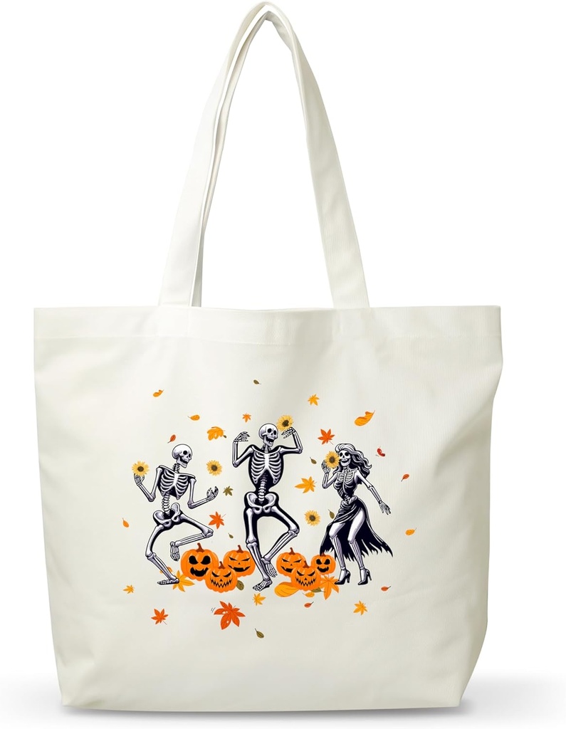 Halloween Tote Bag, Fall Pumpkin Skull Canvas Tote Bags, Funny Spooky Gifts For Women Friends, Halloween Trick Or Treat Bag, Skull Themed Beach Shopping Totes Reusable Grocery Bags -03