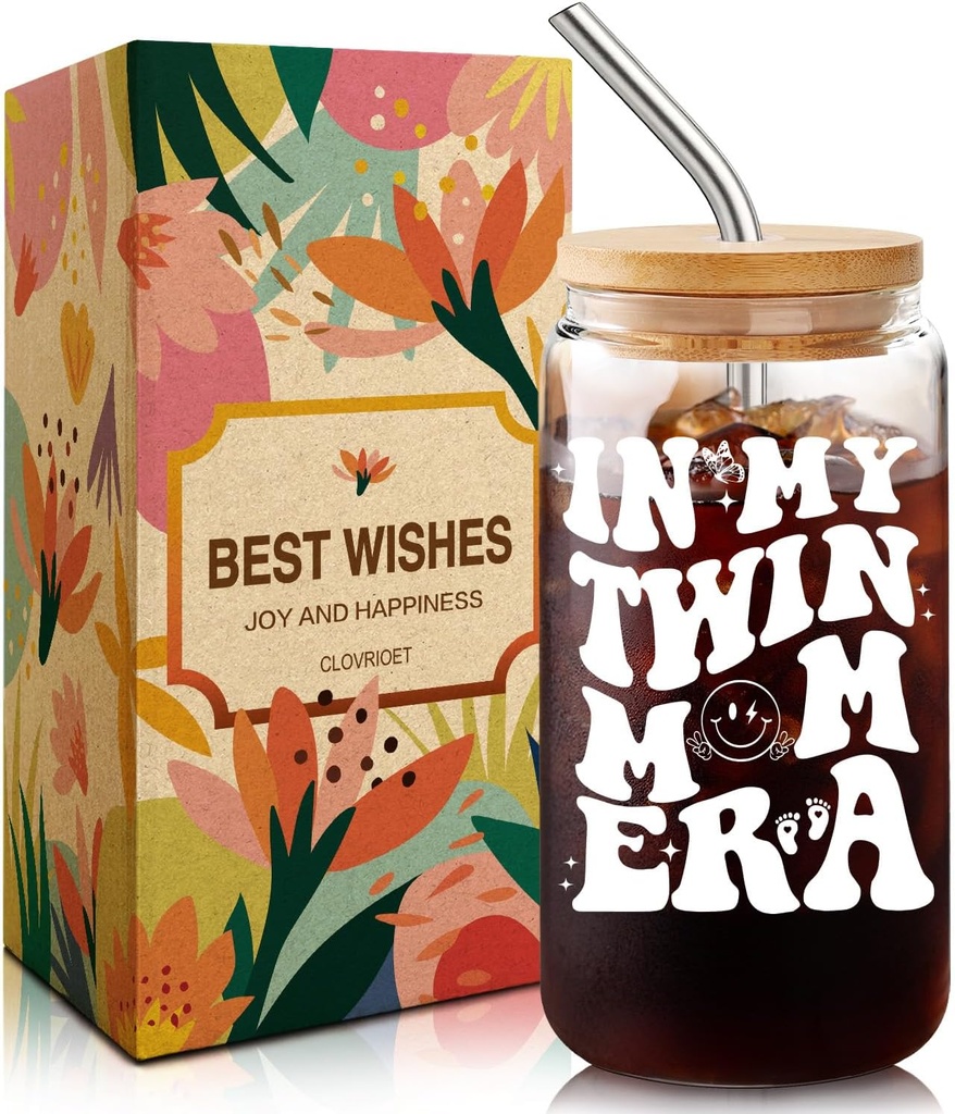 Twin Mom Gifts - 16oz Iced Coffee Cup for New Moms to Be, New Mom coffee Cup, Mothers Day Pregnancy Present - "In My Twin mom Era" Can Glass -22
