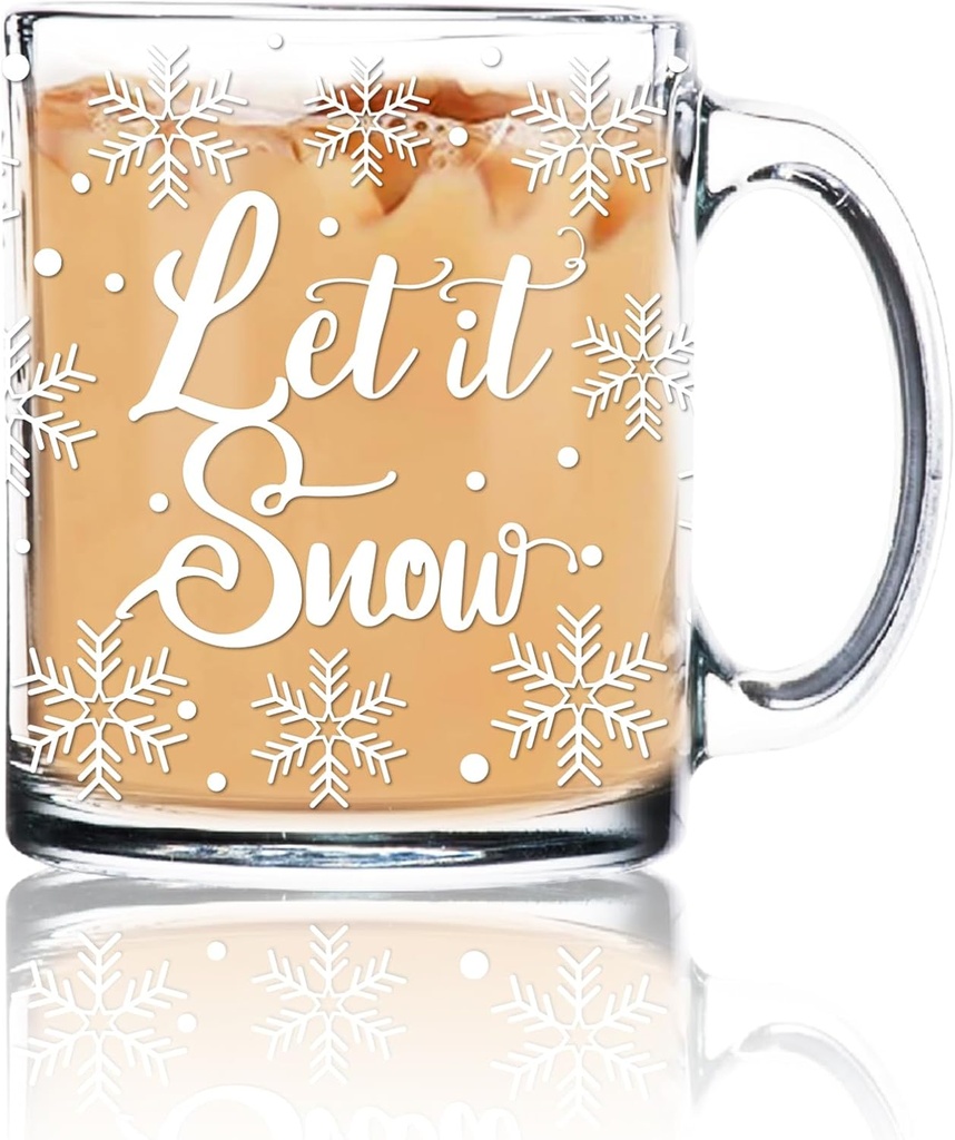 Whaline Winter Glass Coffee Mugs with Handle Snowflake Coffee Cups Xmas Drinking Glasses Beverage Mugs for Iced Coffee Soda Cocktail, 12oz