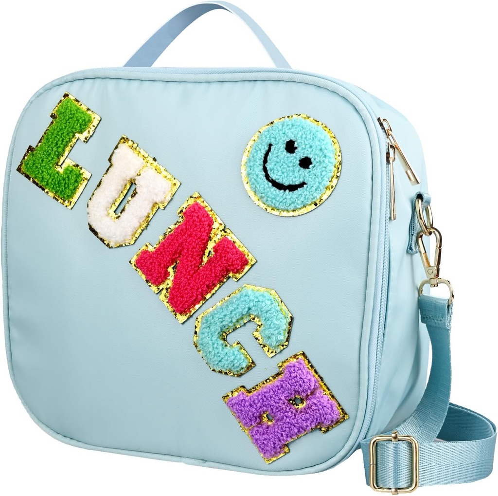 Generic Smiley Nylon Insulated Lunch Bag with Adjustable Shoulder Strap, Preppy Lunch Bag, Reusable School Girls Preppy Lunch Box, Kids Lunchbox, Lunch Box for Women (Blue), Large