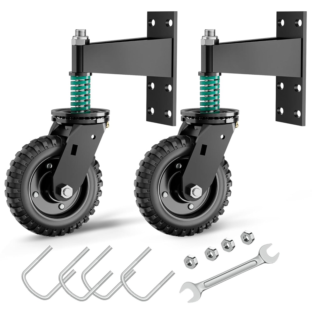 Heavy Duty Fence Gate Wheels, 6 Inch, Supports 550 lbs, Spring-Loaded 360 Degree Rotation Gate Caster Kit (2 Pack) - Black