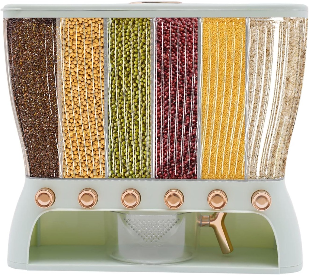 Dry Food Dispenser, Countertop 6Grid Cereal Dispenser, Rice dispenser 22 pounds, Kitchen Storage with Rice Hopper, for Flour, Sugar, Cereals, Nuts, Beans, Coffee