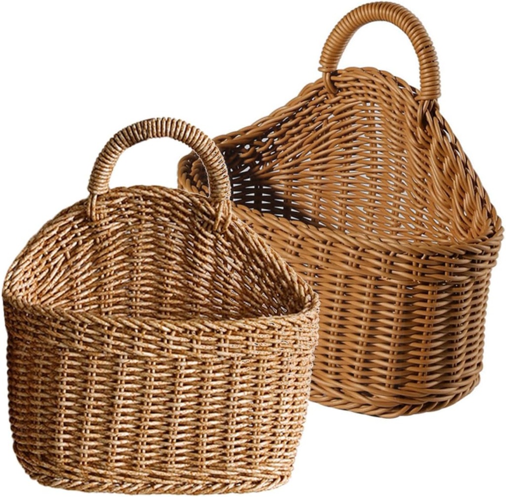 2pcs Wall Hanging Woven Storage Basket Set Handmade Kitchen Organizer for Cutlery and Vegetables Rustic Plastic Wicker Baskets Space-Saving Wall Decor