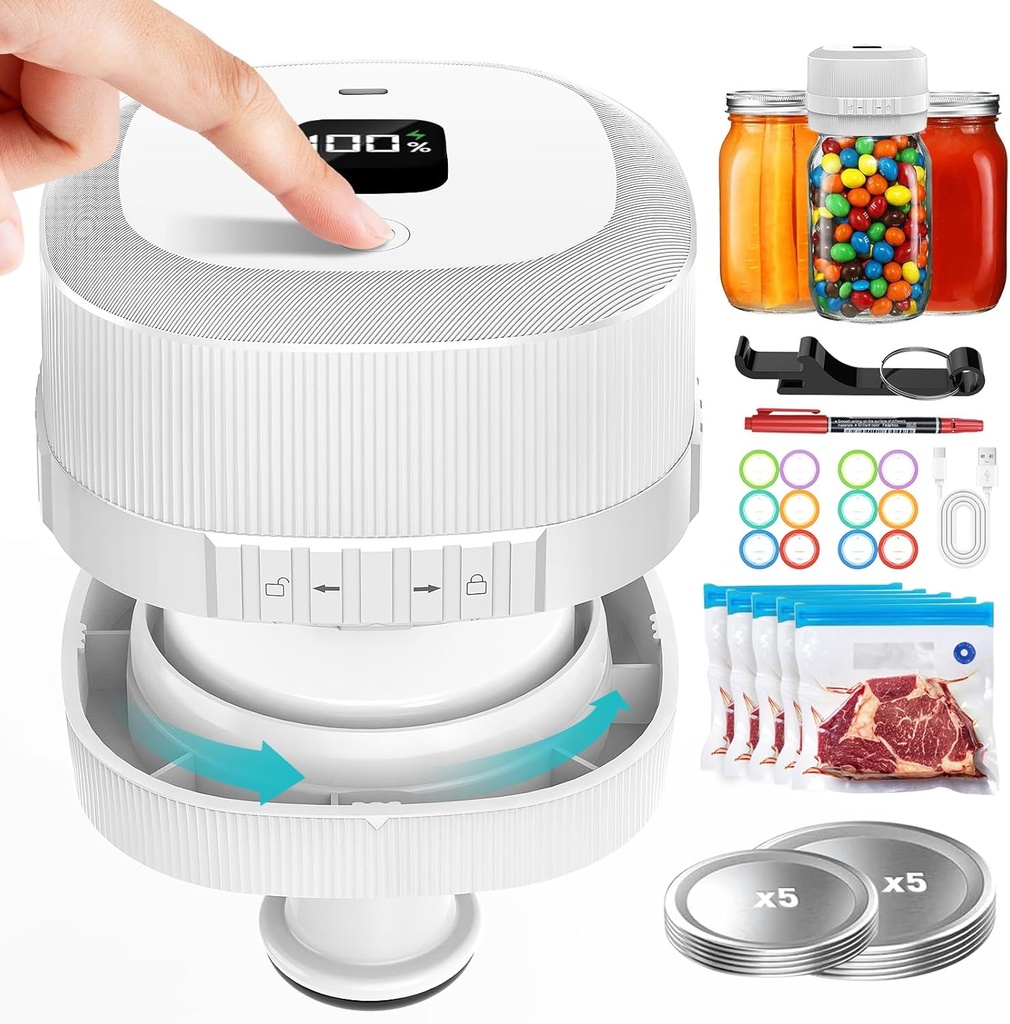 Mason Jar Vacuum Sealer for Wide & Regular Mouth Mason Lids and Vacuum Bags, Electric Mason Jar Vacuum Sealer for Food Storage, 3-in-1 Cordless Vacuum Sealer Machine White
