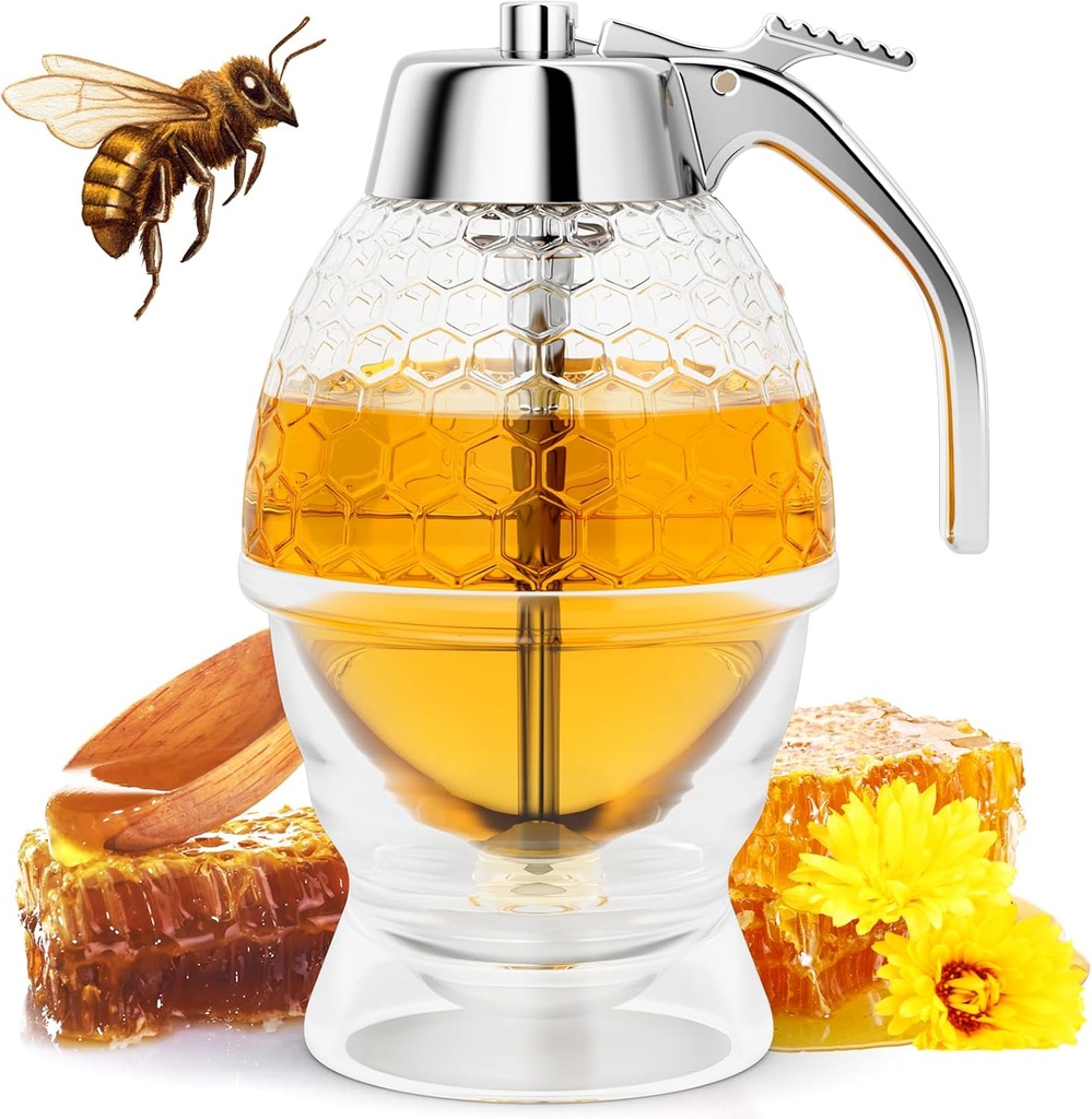 Honey Dispenser No Drip Glass 8 oz, Maple Syrup Dispenser, Honey Jar with Stand, Beautiful Honey Comb Shaped Honey Pot, Perfect Bee Decoration for Home Kitchen