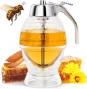 Honey Dispenser No Drip Glass 8 oz, Maple Syrup Dispenser, Honey Jar with Stand, Beautiful Honey Comb Shaped Honey Pot, Perfect Bee Decoration for Home Kitchen