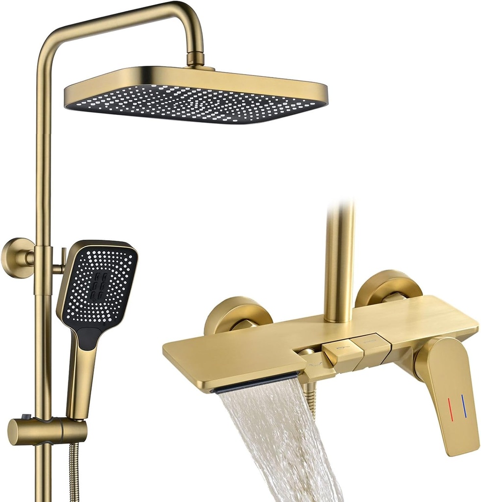 Exposed Shower System, HSS0501 Modern Piano Key Shower Head Set, 30x20cm Shower Faucet Sets Complete with Waterfall Bathtub Faucet, Handheld, 59A Copper, Height Adjustable (Brushed Gold)
