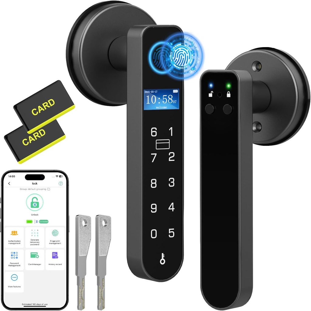 Fingerprint Door Lock- New Display Screen, Smart Keyless Entry Door Lock with Handle Keypad RFID, Fingerprint Biometric Digital Thumbprint Door Knob for Bedroom Apartment Interior