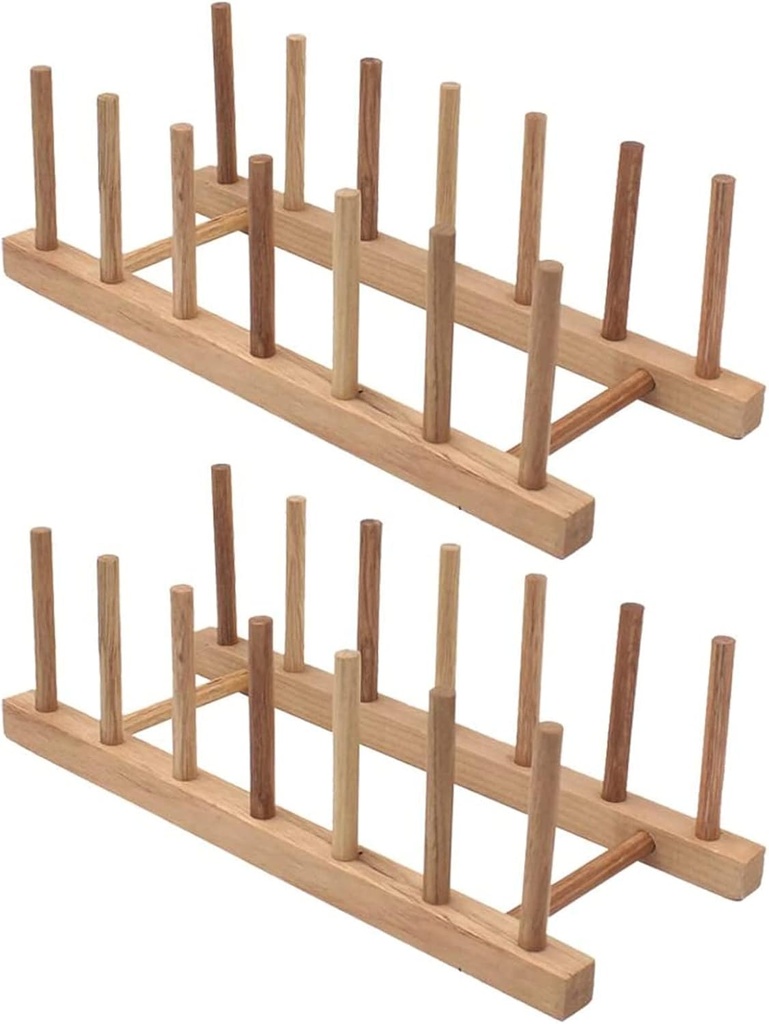 Set of 2 Bamboo Wooden Dish Rack Plate Rack Stand Pot Lid Holder Kitchen Cabinet Organizer