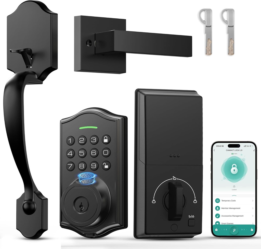 Keyless Entry Door Lock with Handle,Fingerprint Smart Front Door Lock Set,APP Control, Electronic Keypad Deadbolt with Lever Handle, Anti-Peeping, Auto Lock, Easy Install, Black