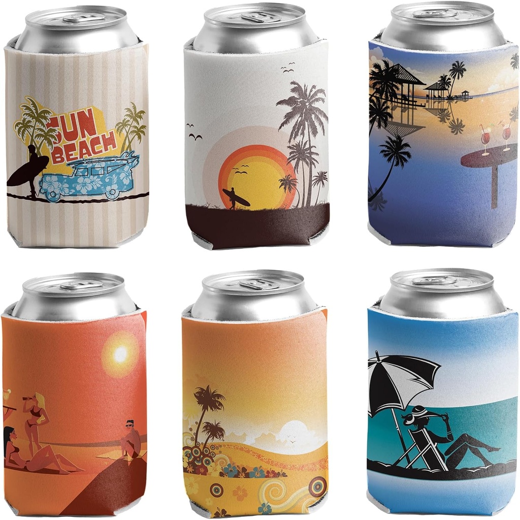 VictoryStore Beach Party Can Coolers – Set of 6 Fun Summer Designs – Fits 12–16 oz Cans & Bottles – Foldable Foam Beverage Sleeves with Polyester Coating – Made in USA