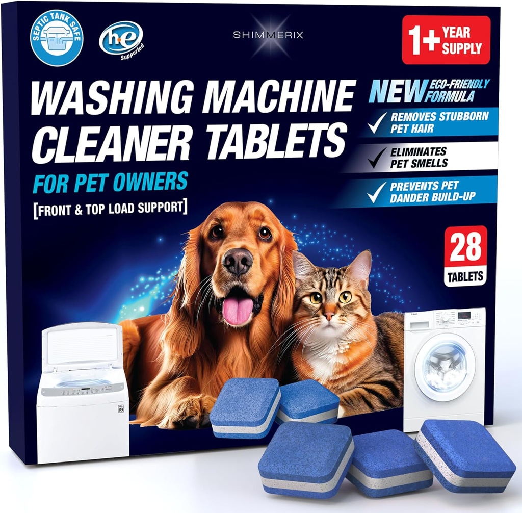 Washing Machine Cleaner Pro Tablets for Pet Owners - 28 Pack, Front & Top Load Washer Deep Cleaning, Septic Tank Safe, HE Support, Remove Stubborn Pet Hair, Eliminates Smells, Prevents Dander Build-up