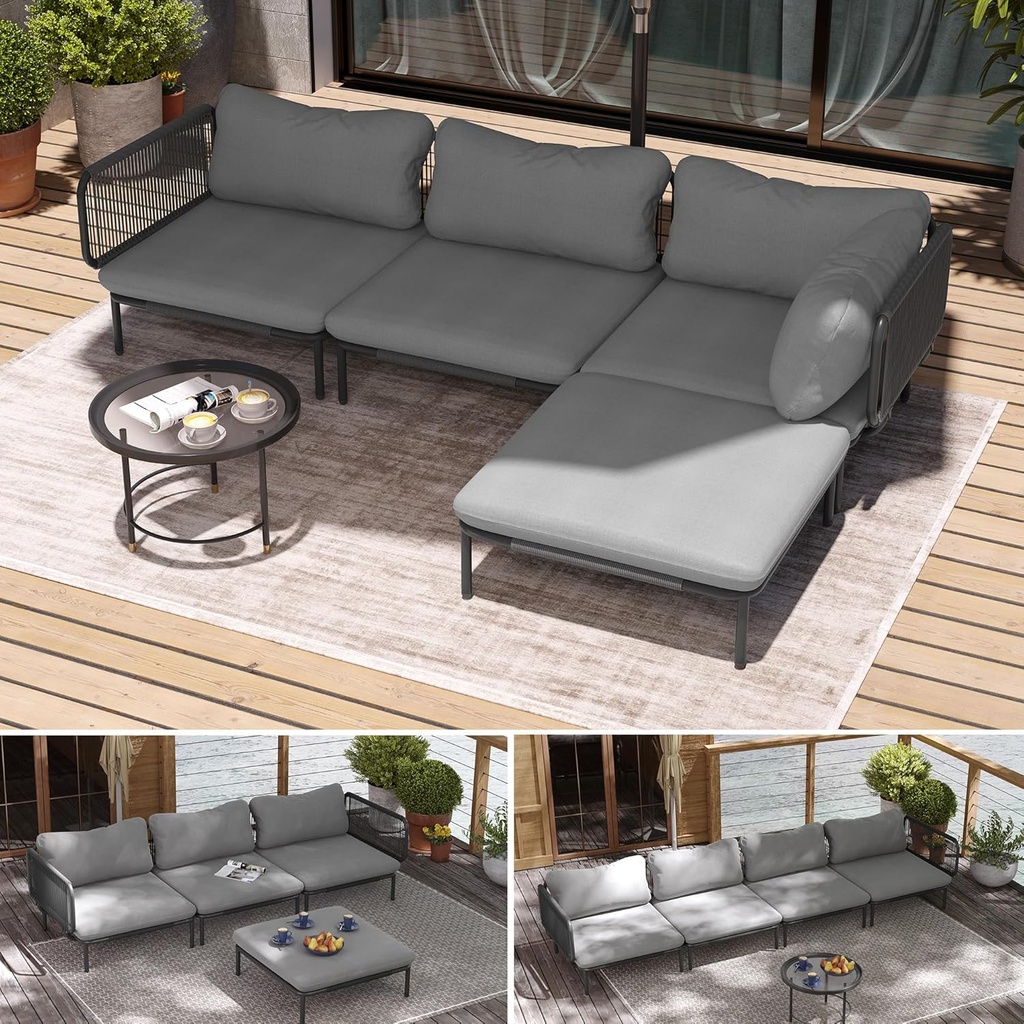 Outdoor Furniture Set, Patio Furniture Oversized Metal Patio Sectional Sofa, 4-Seat Conversation Set with Cushion for Indoor and Outdoor, Black Frame & Dark Grey Mat (4 Seats 8 Armrests)