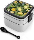 Tropical Lemon Pattern Bento Box with Compartments Double Layer Bento Lunch Box with Spoon And Handle All-in-One Adult Lunchbox Leakproof Lunch Container for Work Picnic Travel