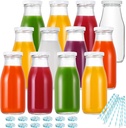 YEBODA 11oz Glass Milk Bottles with Reusable Metal Twist Lids and Straws for Beverage Glassware and Drinkware Parties, Weddings, BBQ, Picnics, Set of 12