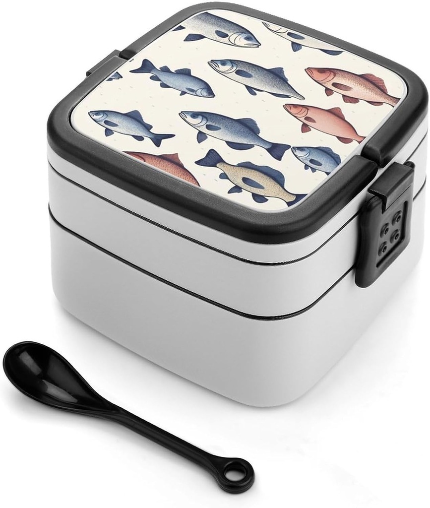 Colorful Fish Bento Box with Spoon, 2-layer Stackable Lunch Box Leak Proof with Invisible Handle, Insulated Food Storage for Office, Picnic & Travel