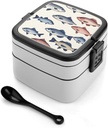 Colorful Fish Bento Box with Spoon, 2-layer Stackable Lunch Box Leak Proof with Invisible Handle, Insulated Food Storage for Office, Picnic & Travel