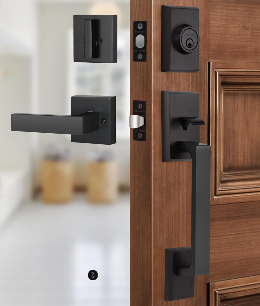 Heavy Duty Front Door Handle Set with Deadbolt,Exterior Door Lock Set with Reversible Door Lever, Matte Black