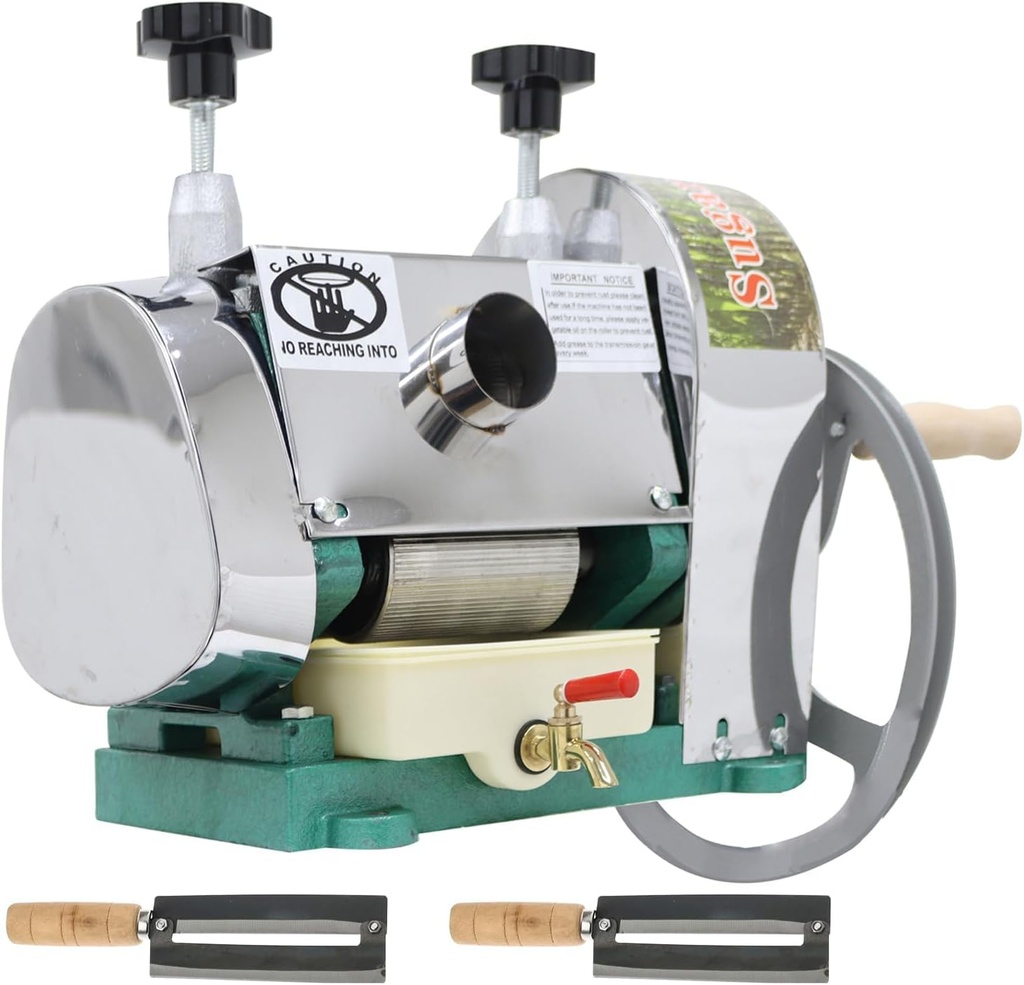Manual Sugar Cane Juicer Machine, Stainless Steel Sugarcane Press Juice Extractor, 3 Rollers Sugarcane Squeezer, 330 lbs/h, 2 Sets Peeling Knives