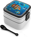 Fishes Stackable Bento Box Double-layered Leak-Proof Lunch Box 1L Capacity Portable Lunchbox Durable Drop-Proof for Work Picnic Travel
