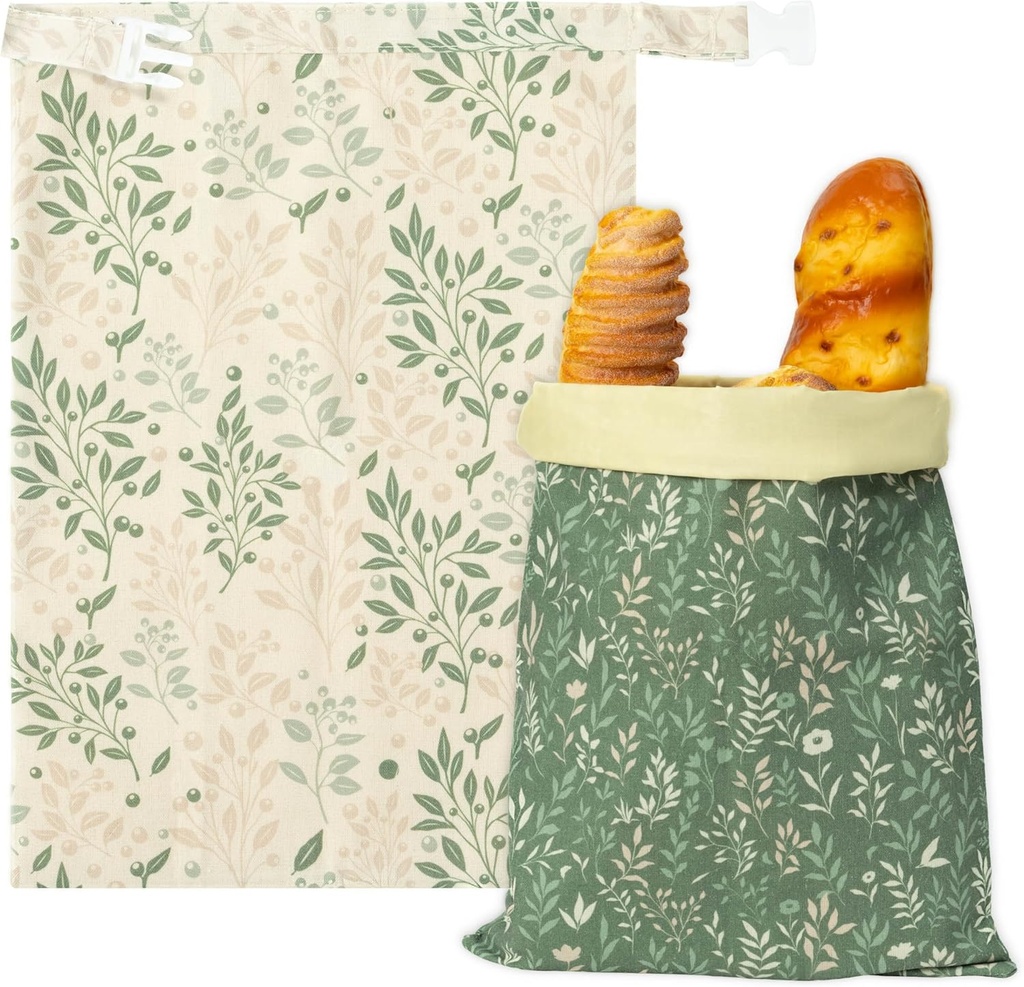 Reusable Beeswax Bread Bags - 2 Pack Bees Wax Food Wraps, Homemade Sourdough Bread Storage, 2-in-1 Linen Cotton Large Freezer Container Home Baking Accessories with Lining (Green Leaf)
