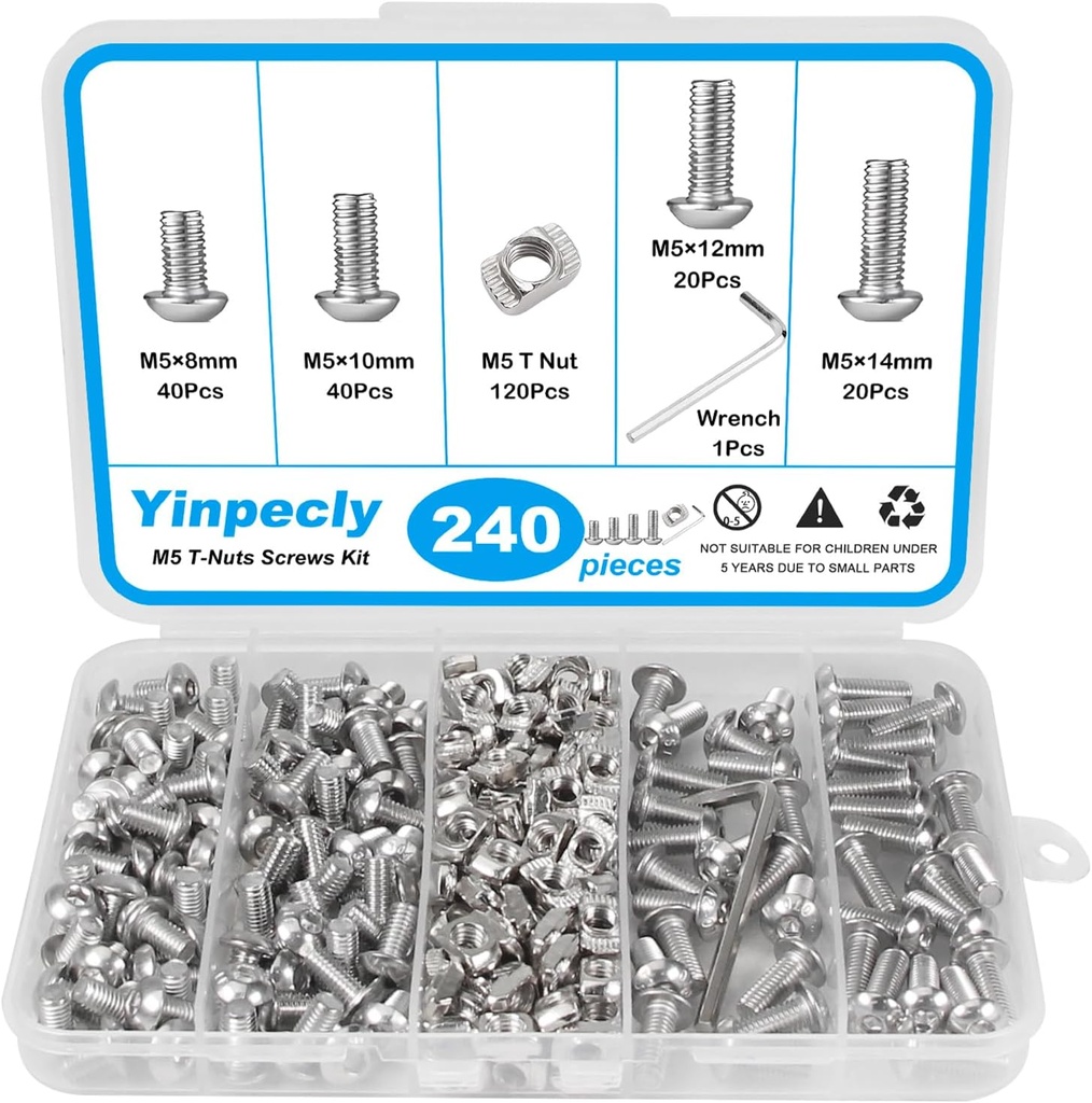 Yinpecly 240Pcs 2020 Aluminum Extrusion Hardware Accessories, M5 T-Nuts Screws Kit, Hammer Head T-Slot Nut for 2020 Series European Standard Aluminum Profile, Silver