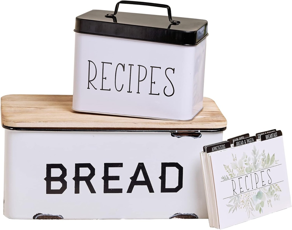GENMOUS & CO. Recipe Box with Cards and Dividers, Farmhouse Bread Box and Recipe Card Box Set, Farmhouse Recipe Holder, Recipe Tin with 25 4x6 Recipe Cards & 7 Recipe Card Dividers