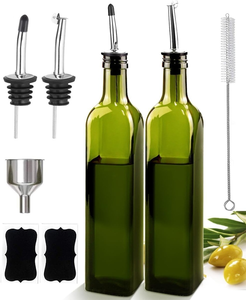 2 Pcs Glass Olive Oil Dispenser and Vinegar Dispenser Set with 2 Stainless Steel Pourers, 4 Labels, 1 Brush and 1 Funnel Oil Bottles for Kitchen (500ml)-Green