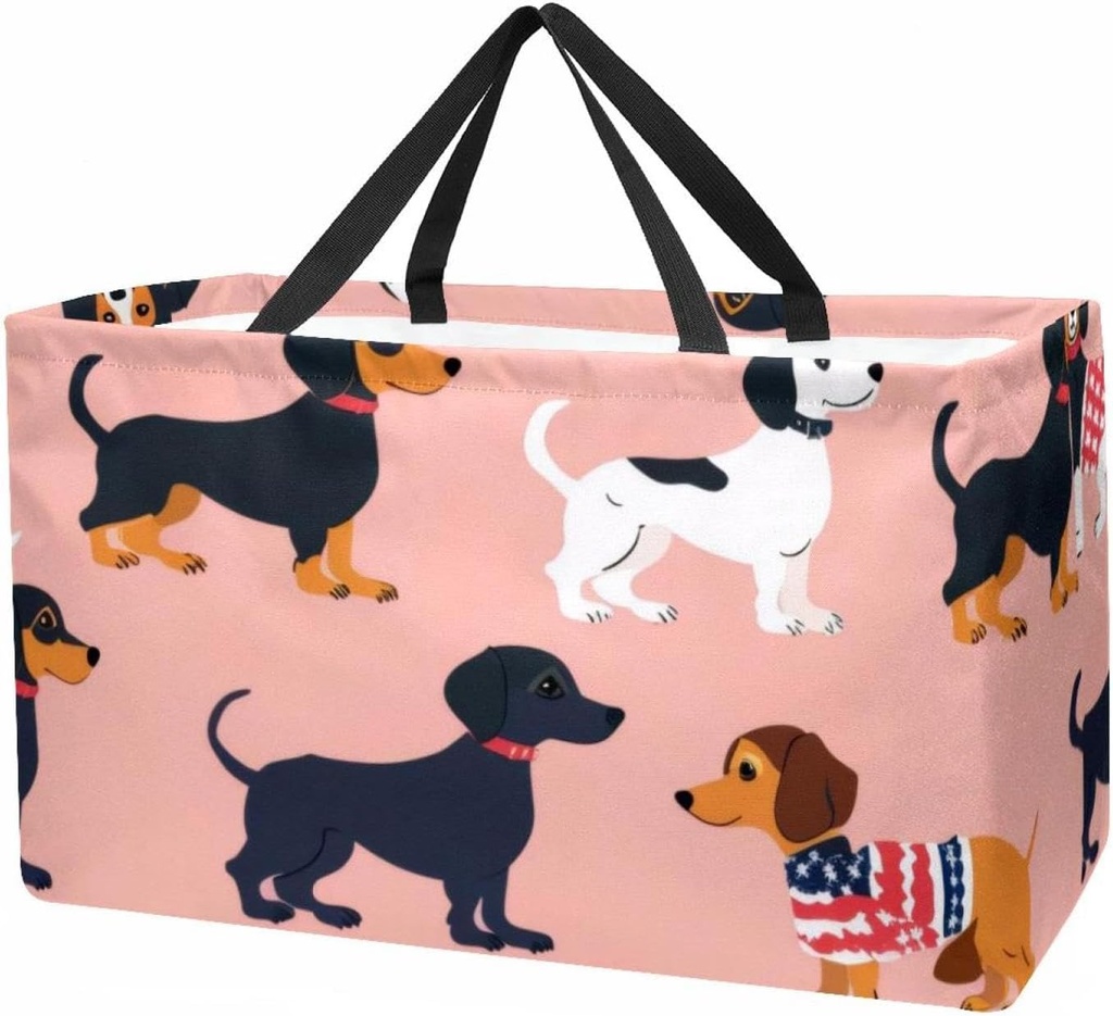 Reusable Grocery Bag Heavy Duty Shopping Tote Bag Foldable with Reinforced Handle, Cute Cartoon Parisian Dachshund Dogs