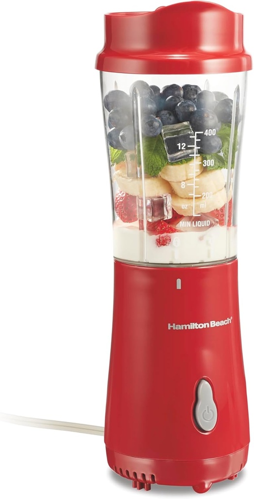 Hamilton Beach Portable Blender for Shakes and Smoothies, 14 Oz BPA Free Travel Cup & Lid, Durable Stainless Steel Blades, Personal Smoothie Blender, Red (51101RV)