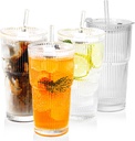 Ribbed Glass Tumbler Set of 4-20oz Coffee Tumbler with Lids and Straws - Leakproof Inverted for Iced Coffee, Smoothies & Cocktails - Glasses Drinking Set & Drinking Cups Durable Glassware