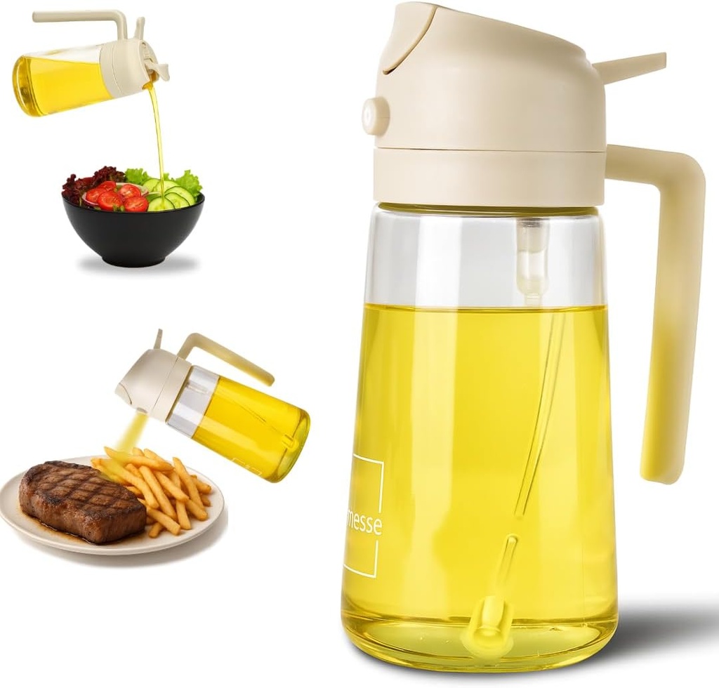 2 in 1 Oil Dispenser and Oil Sprayer for Cooking, 16oz/470ml Glass Olive Oil Dispenser Bottle Kitchen Gadget & Air Fryer Accessories for Salad, BBQ, Frying and Baking (White)