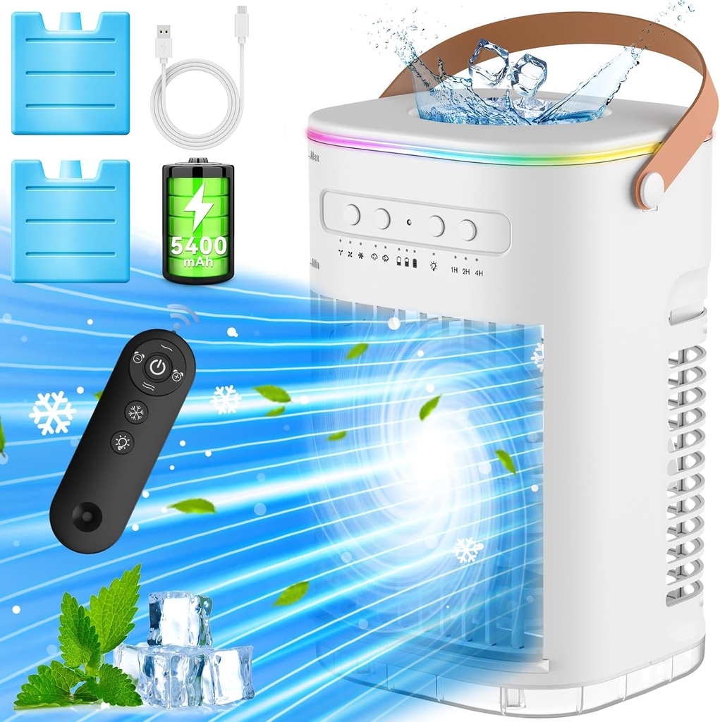 FANCOLE Small Air Conditioner, 5400mAh Battery, 2 Ice Packs Evaporative Air Cooler, 7H Smart Timer & 16.5ft Remote, 7-Color Light, 1200ML Water Tank, 3 Speed & 2 Cool Mist Portable AC Unit for Bedroom