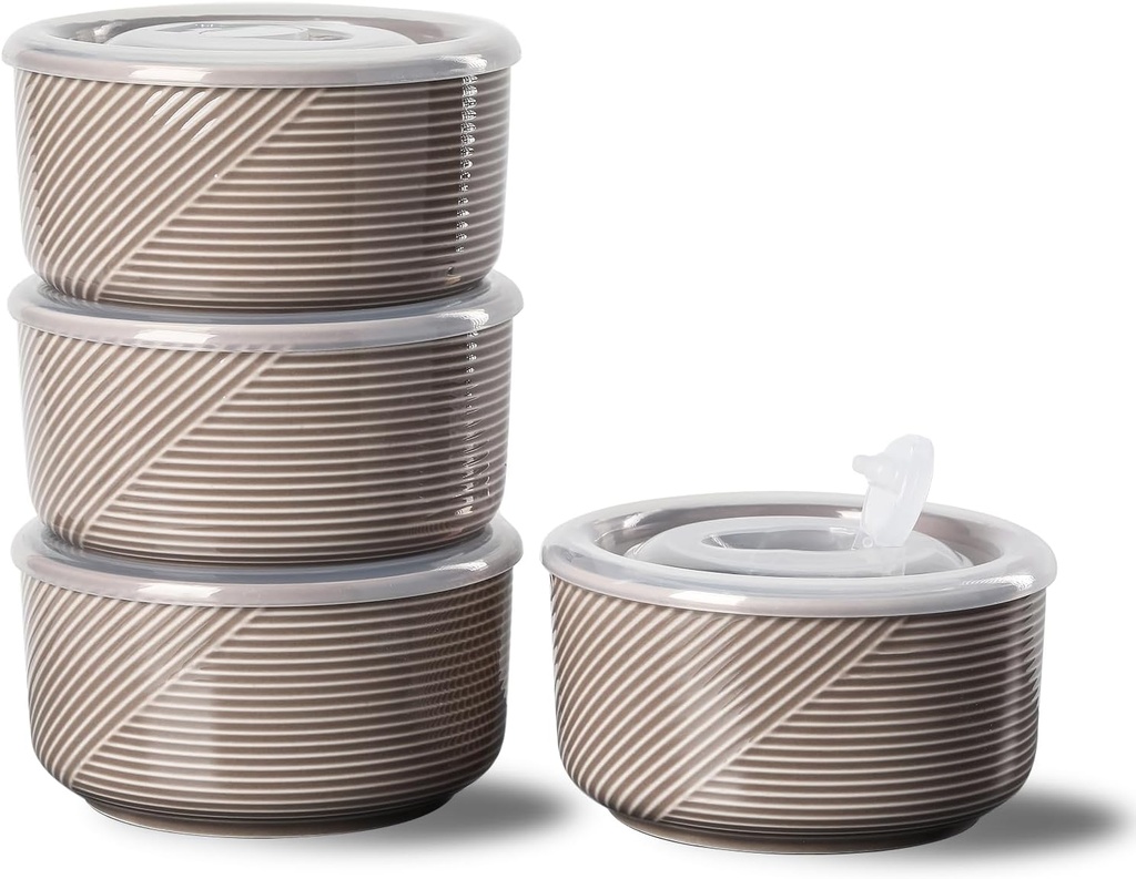 Ceramic Bowls with Lids: 20 oz Microwave Safe Food Storage Containers for Soup, Salad, Cereal, Leftovers, Meal Prep, Lunch, Picnic, Camping, Serving - Airtight, Grey, Set of 4