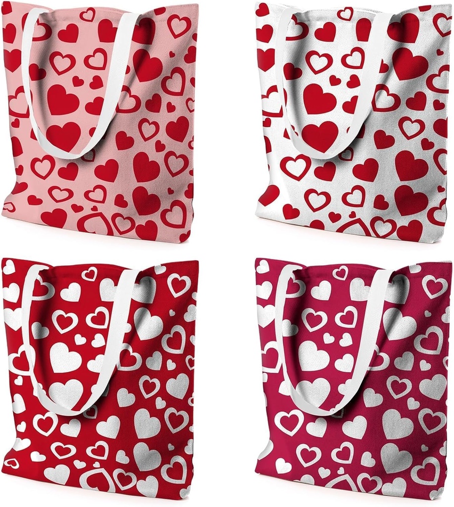 clothmile 4 Pcs Valentines Day Canvas Tote Bags Heart Decorated Reuseable Grocery Shopping Bag Valentines Gift Goodie Bag