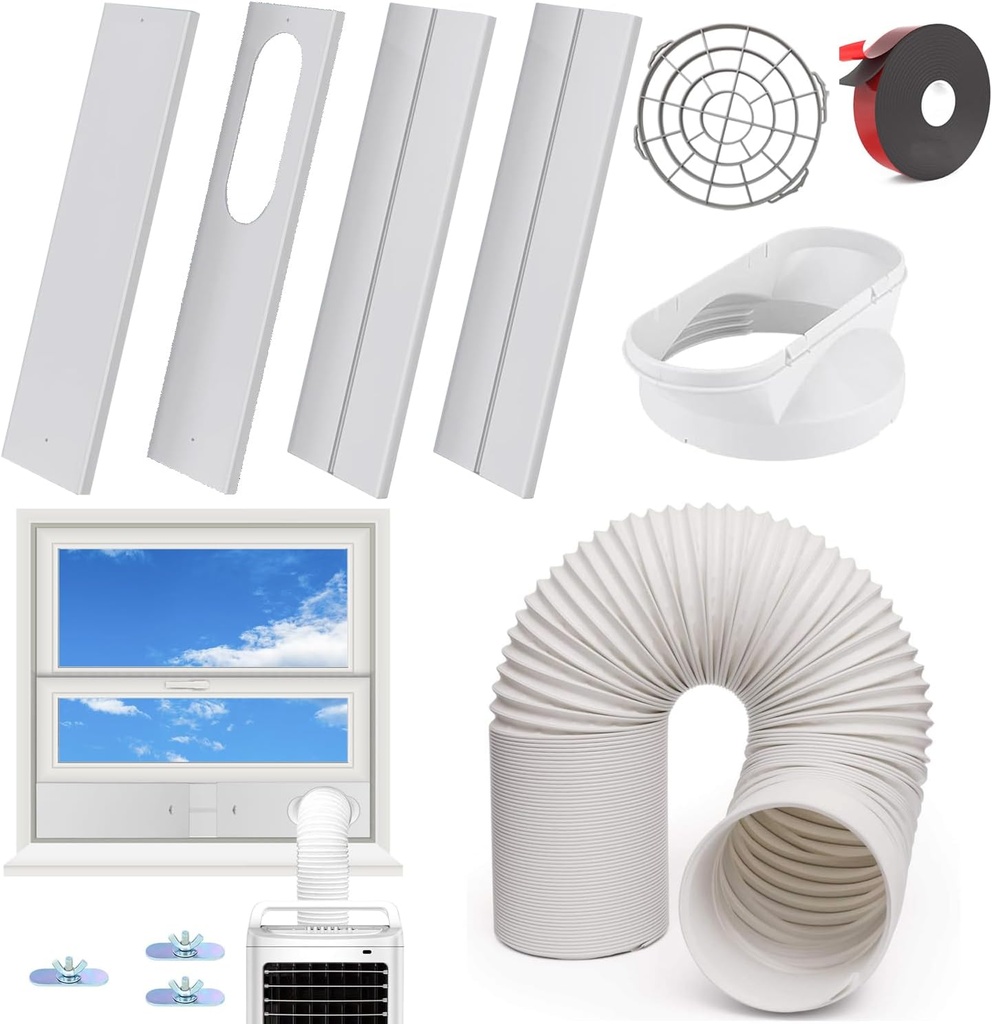 Portable Air Conditioner Window Vent Kit with 5.9" AC Exhaust Hose & Coupler, Adjustable Sliding Window Kit 59 Inch Length Hose for Ducting Universal AC Seal Panel for Horizontal&Vertical Window