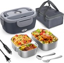 Vabaso Electric Lunch Box for Adults, 80W Heated Lunch Box with Dual 1.5L Stainless Steel Containers, Portable Food Warmer for Men Work Car Truck, 12V/24V/110V/220V - Eternal Gray
