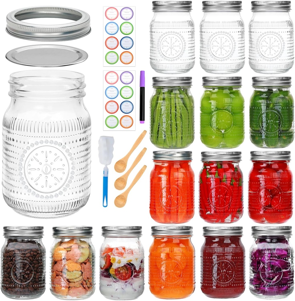 Encheng 16 Pack Regular Mouth Mason Jars 16 oz with Lids,Pint Canning Jars with Metal Lids and Bands, Vintage Glass Mason Jar for Centerpieces,Preserving,Fermenting,Jelly, Jam,Candy, DIY Crafts