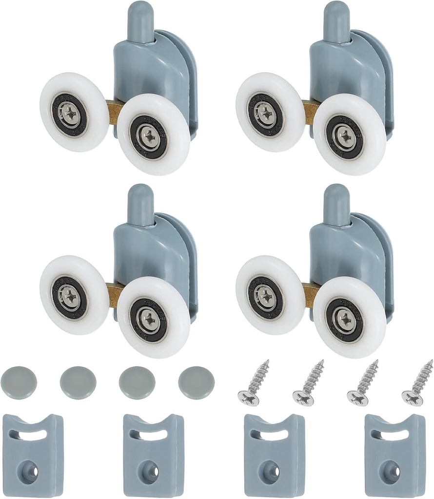 uxcell 25 mm Shower Door Rollers, Double Shower Door Runners Wheels Pulleys Guides Plastic Bottom Wheels with Anti-Collision Block & Screws for Glass Doors 4-6mm Grey 4 Pcs