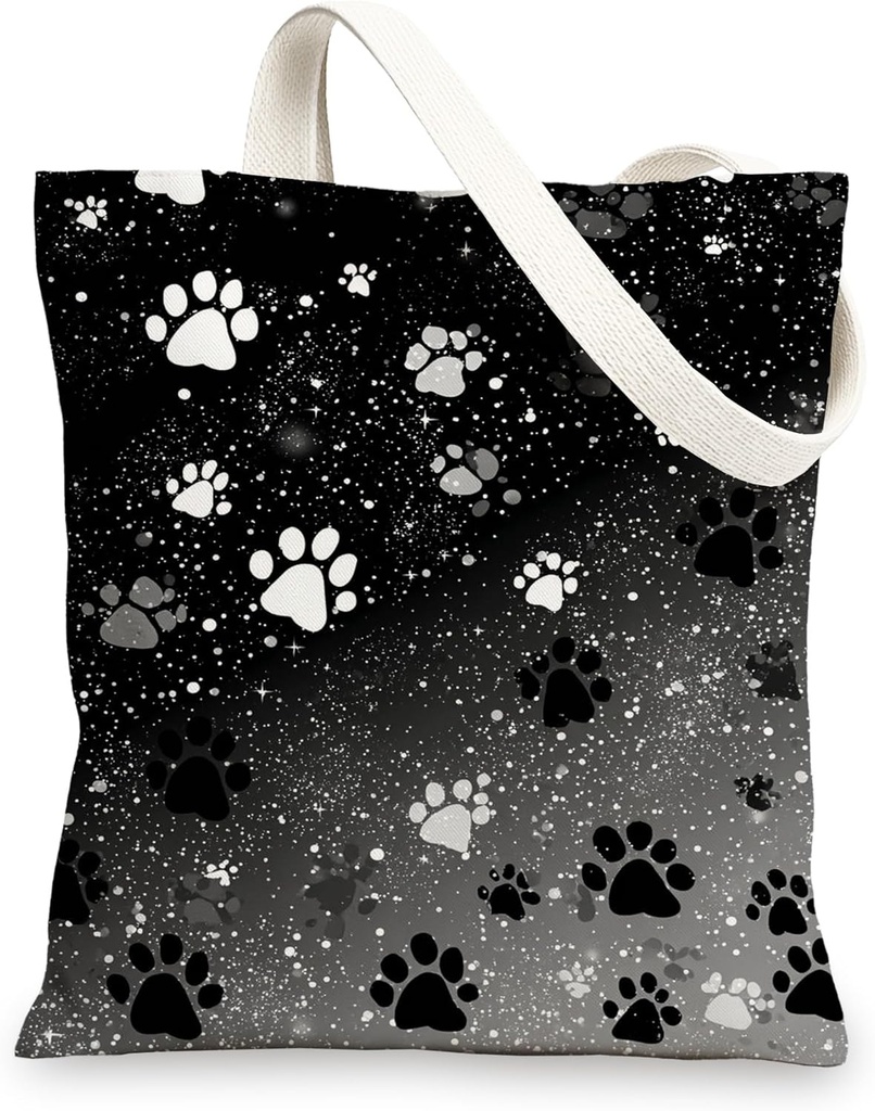 Paw Print Canvas Tote Bags, Stylish Paw Pattern Reusable Grocery Bags, Lightweight Washable Shoulder Strap Canvas Bags for