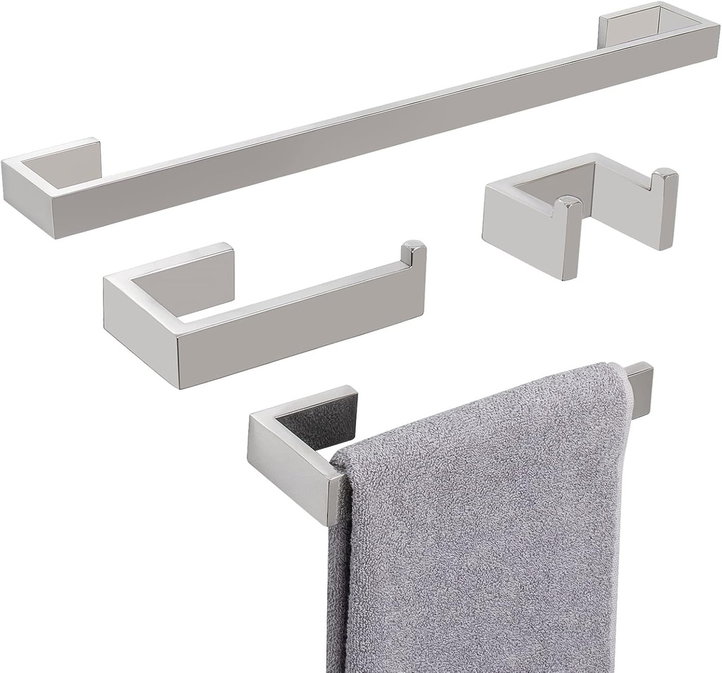 NearMoon 4 Pieces Bathroom Hardware Accessories Set 304 Stainless Steel- 24" Towel Rod+ Hand Towel Holder+ Toilet Paper Holder+ Robe Towel Hook Wall Mounted Modern Bath Towel Bar Kit (Chrome Finish)