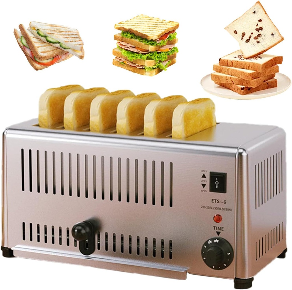 6 Slice Toaster, Defrost Bread Machine, Extra-Large Wide Slot, Fast Baking, 1-5 Min Timer Reminder, with Removal Crumb Tray, for Bakery, Hotel, Restaurant
