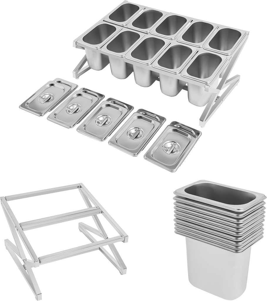 25.6-In Telescoping Condiment Food Prep Station Center Self with 10 Pans, 10 Lids and 10* Spoons for Kitchen Bar Restaurants and Buffet, Stainless Steel Spice Seasoning Food Container Pans