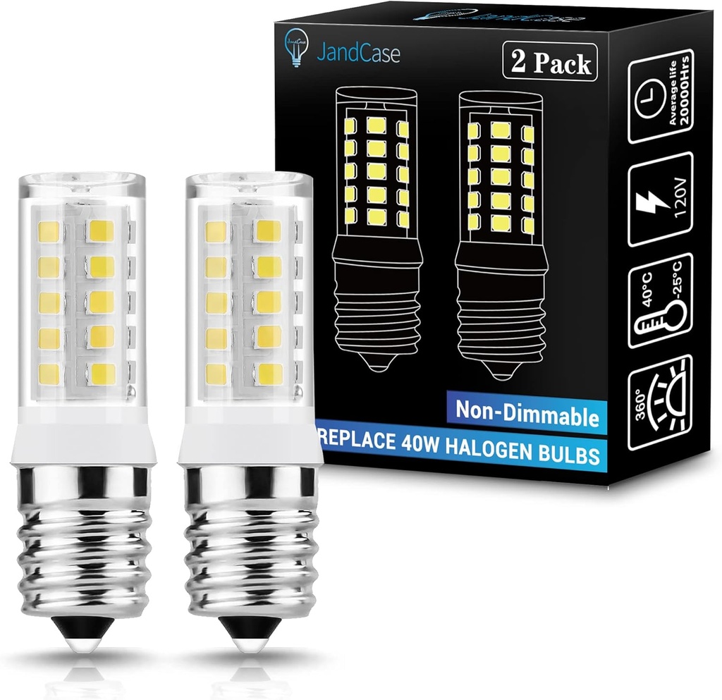 JandCase Microwave Light Bulbs Under Hood, Ceramic E17 LED Bulbs 40 Watt Equivalent, Daylight White 6000K Appliance Bulbs for Refrigerator,Microwave, Oven, Stove Hood, Non-Dimmable, 2Pack