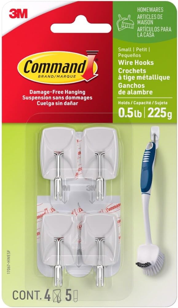 Command Small Wire Toggle Hooks, 4 Wall Hooks and 5 Command Strips, Damage-Free Hanging with Adhesive, Great for Hanging Christmas Decorations, Holds up to 0.5 lb